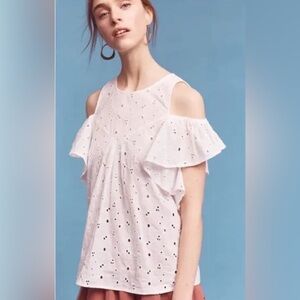 EUC Anthropologie Maeve White Eyelet Cold Shoulder Ruffle Blouse Size Small
